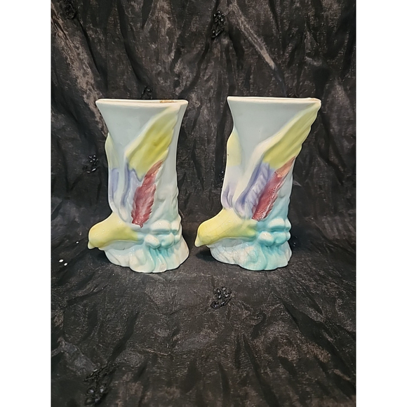 Bird Other - Vintage Pair Of Bird Wall Pockets 1940 White Aqua Yellow Morton Pottery